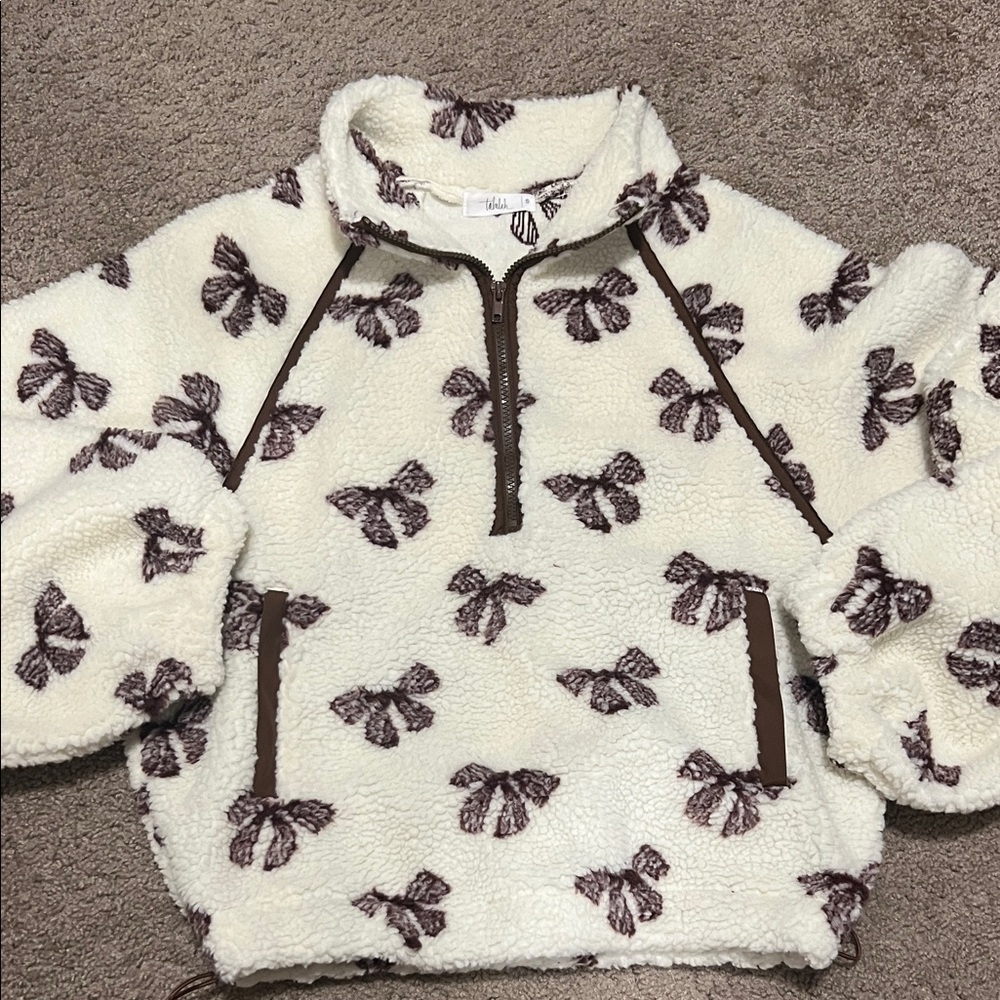 TALULAH Cream Sherpa Half-Zip Pullover with Brown Bow Print